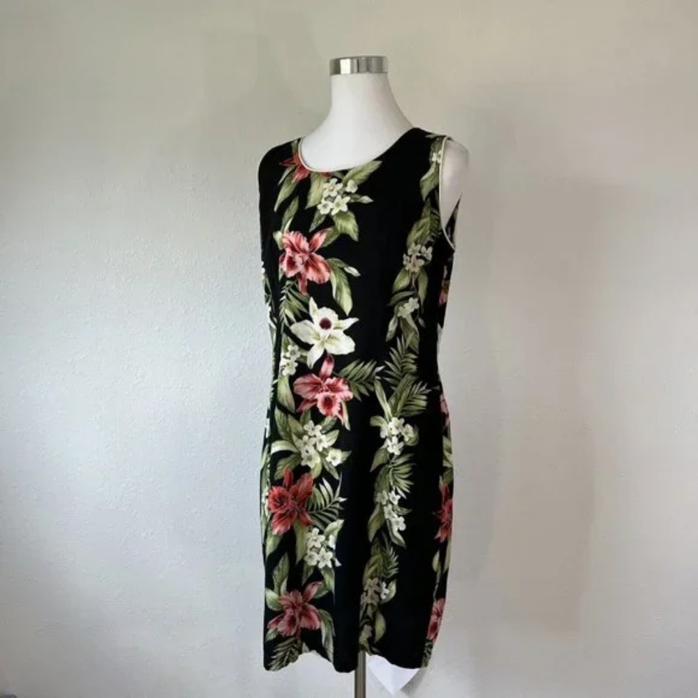🖤🌺 VTG Two Palms 100% Rayon Hawaiian Floral Sleeveless Midi Dress, XL